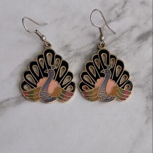 Vintage Cloisonné Peacock Earrings gold tone